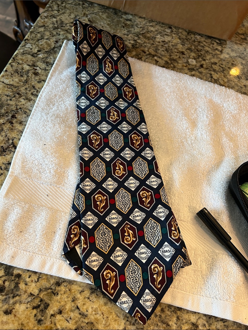 Tobasco Men's Navy Patterned 100% Silk Tie with Gold and Red Accents